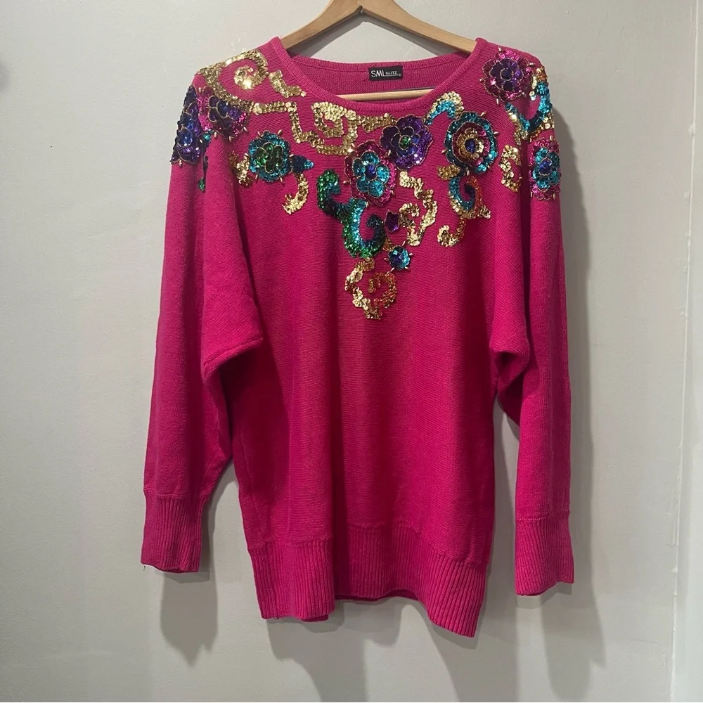 Vintage‎ SML Glitz 80s Pink Knit Sequin Funky Cotton Blend Sweater sz XL.